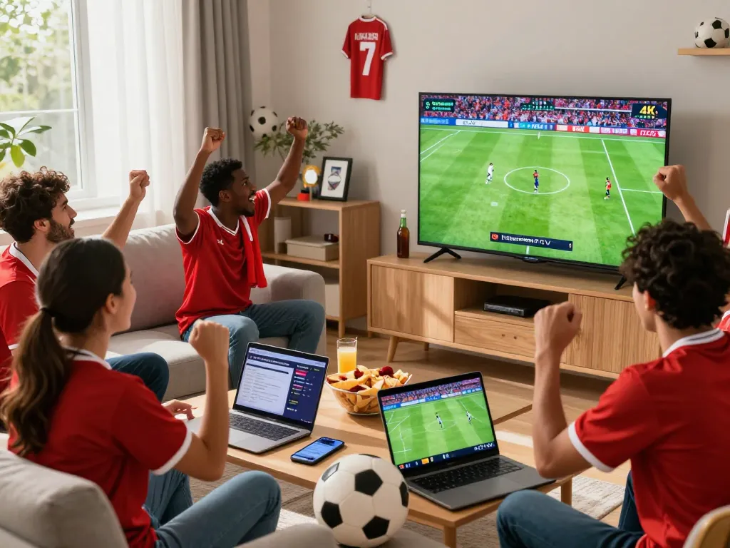 Engaged football fans cheering on a match while streaming through https://luongson117.tv/ in a lively living room.
