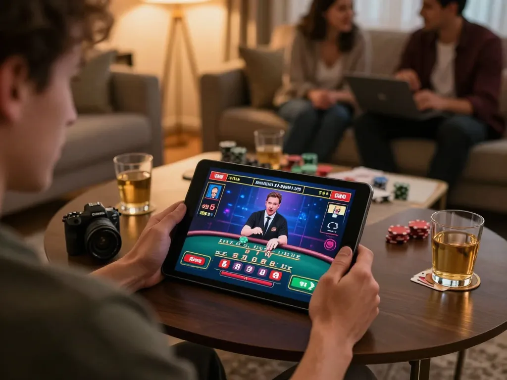 Engaging online blackjack gameplay on a tablet displaying 88i with live dealer interaction, cozy home setting.