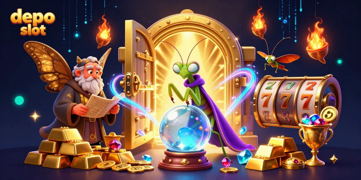 Experience the thrill of depo slot with a vibrant 3D illustration of a mystical scene featuring fortune tellers and treasure.