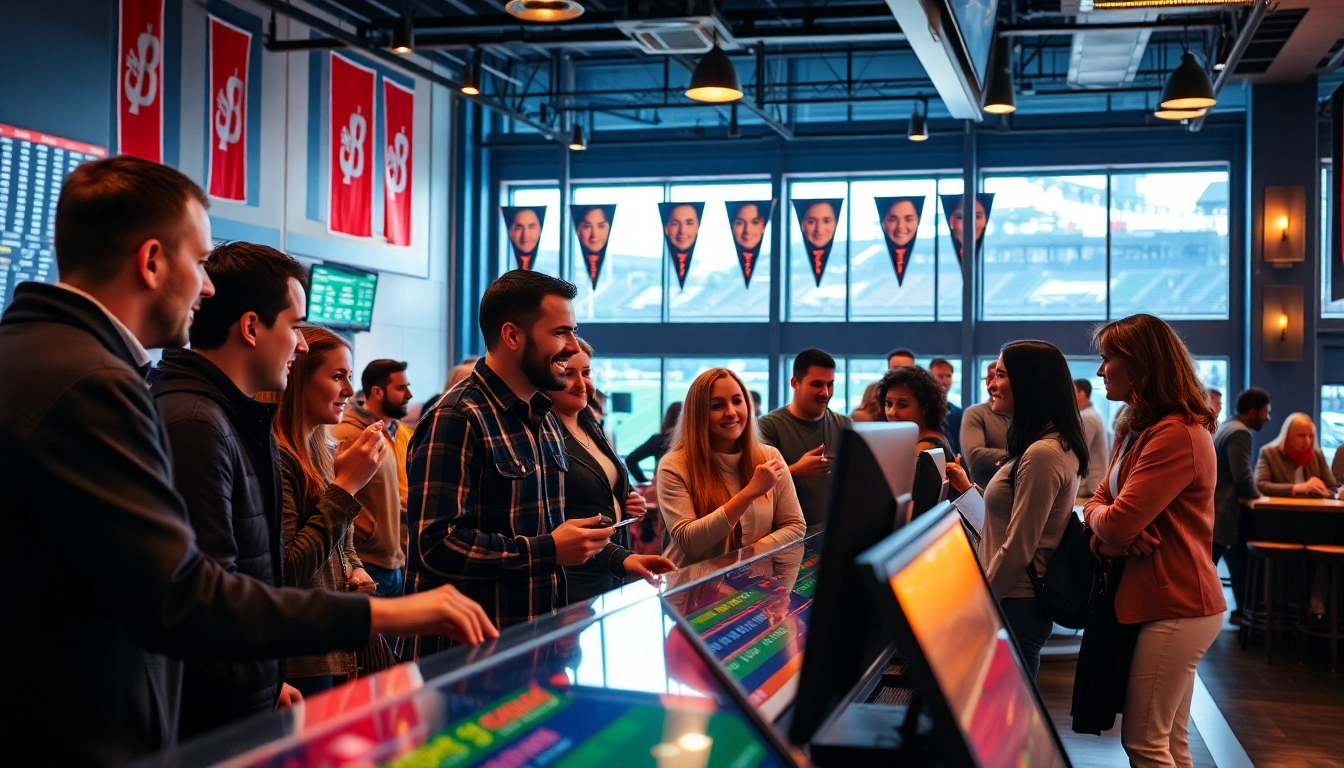 Engaging in sports betting Canada at a modern sports betting station with vibrant atmosphere.