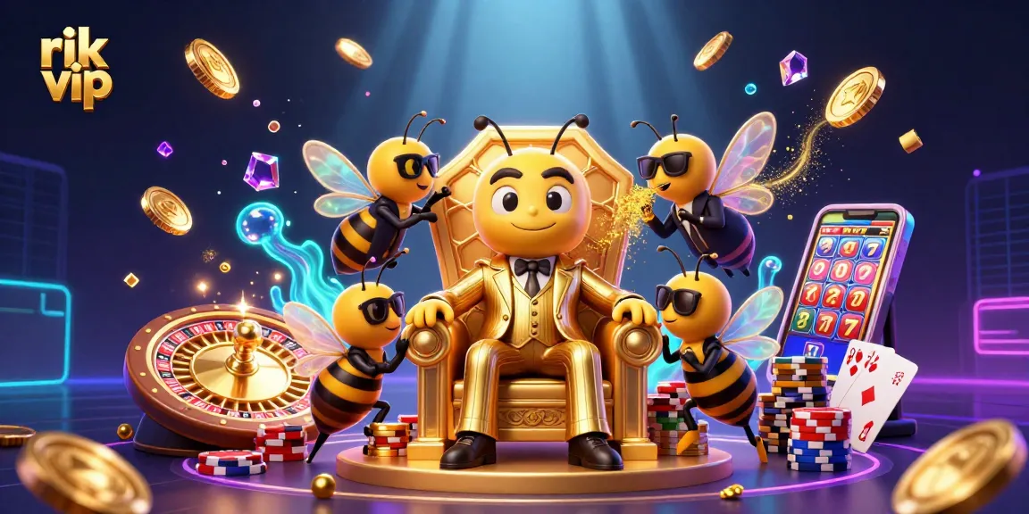 Engage in thrilling gameplay at rik vip with a lively 3D illustration showcasing vibrant casino elements.