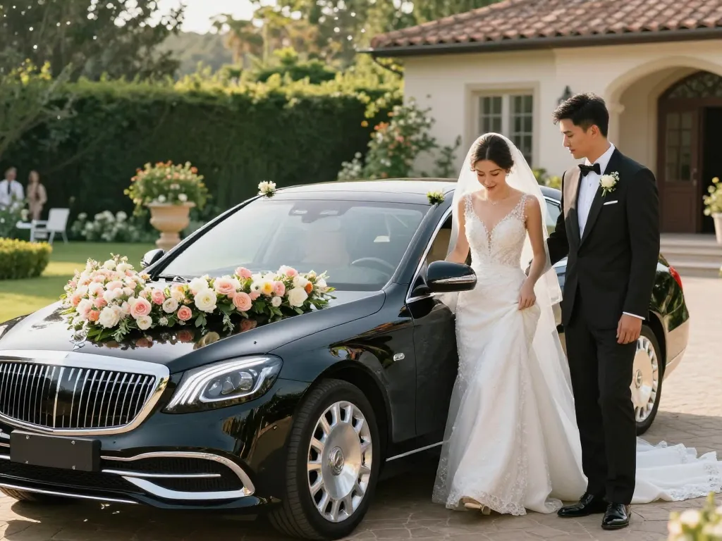 Thuê một chiếc xe Mercedes cưới cho ngày đặc biệt của bạn, với cô dâu và chú rể bên chiếc xe sang trọng cùng với trang trí hoa trong một khu vườn cảnh đẹp.