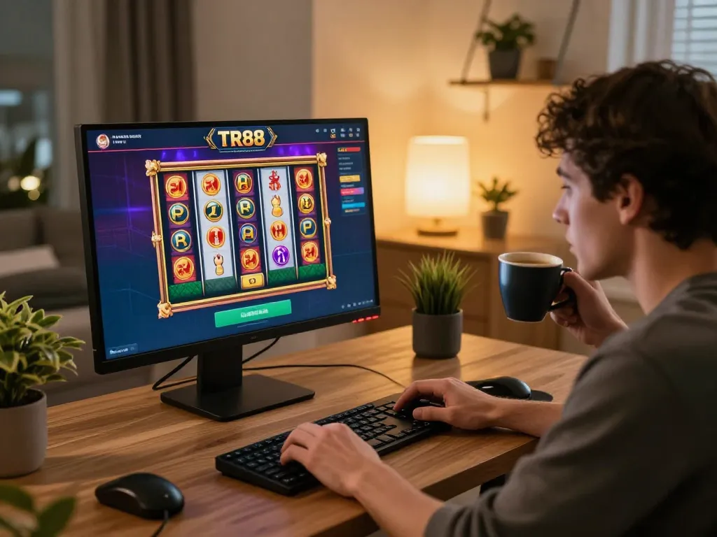 Player engaging with TR88 casino app during an online gaming session, analyzing betting strategy in a modern home office