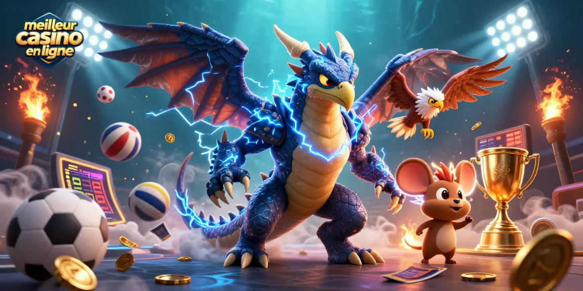Découvrez le meilleur casino en ligne avec une illustration captivante d'un dragon et d'éléments de jeu.