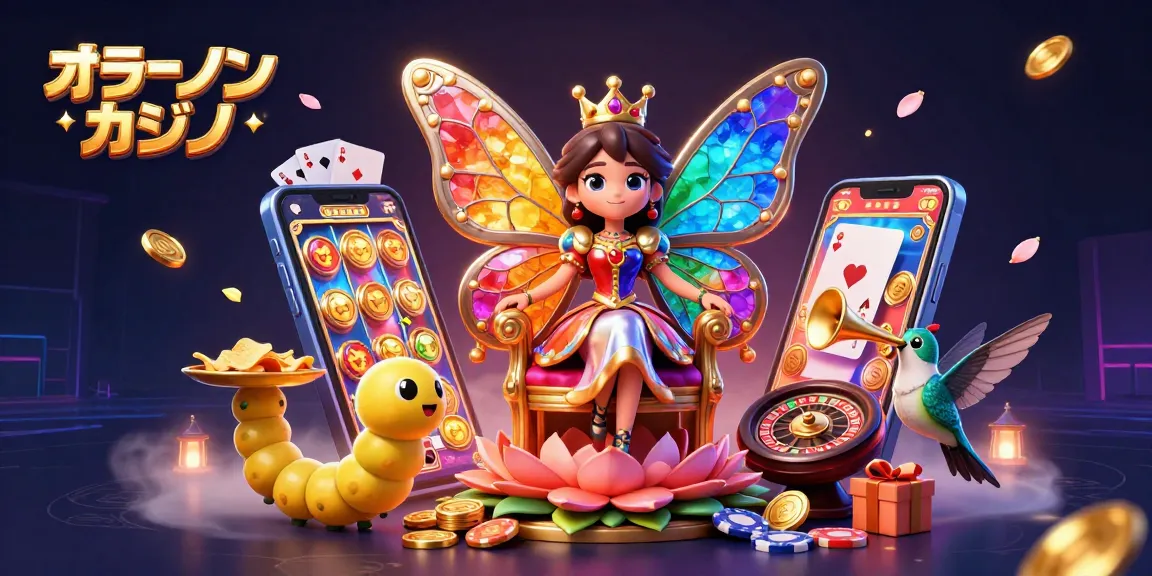 オンライン カジノでの勝利を祝う蝶の女王とゲーム要素の美しい3Dイラスト。