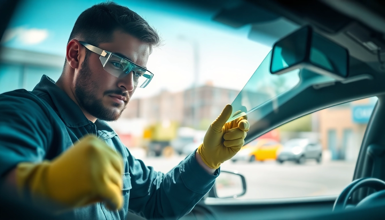 Affordable auto glass Northglenn services in action with a technician replacing a windshield.