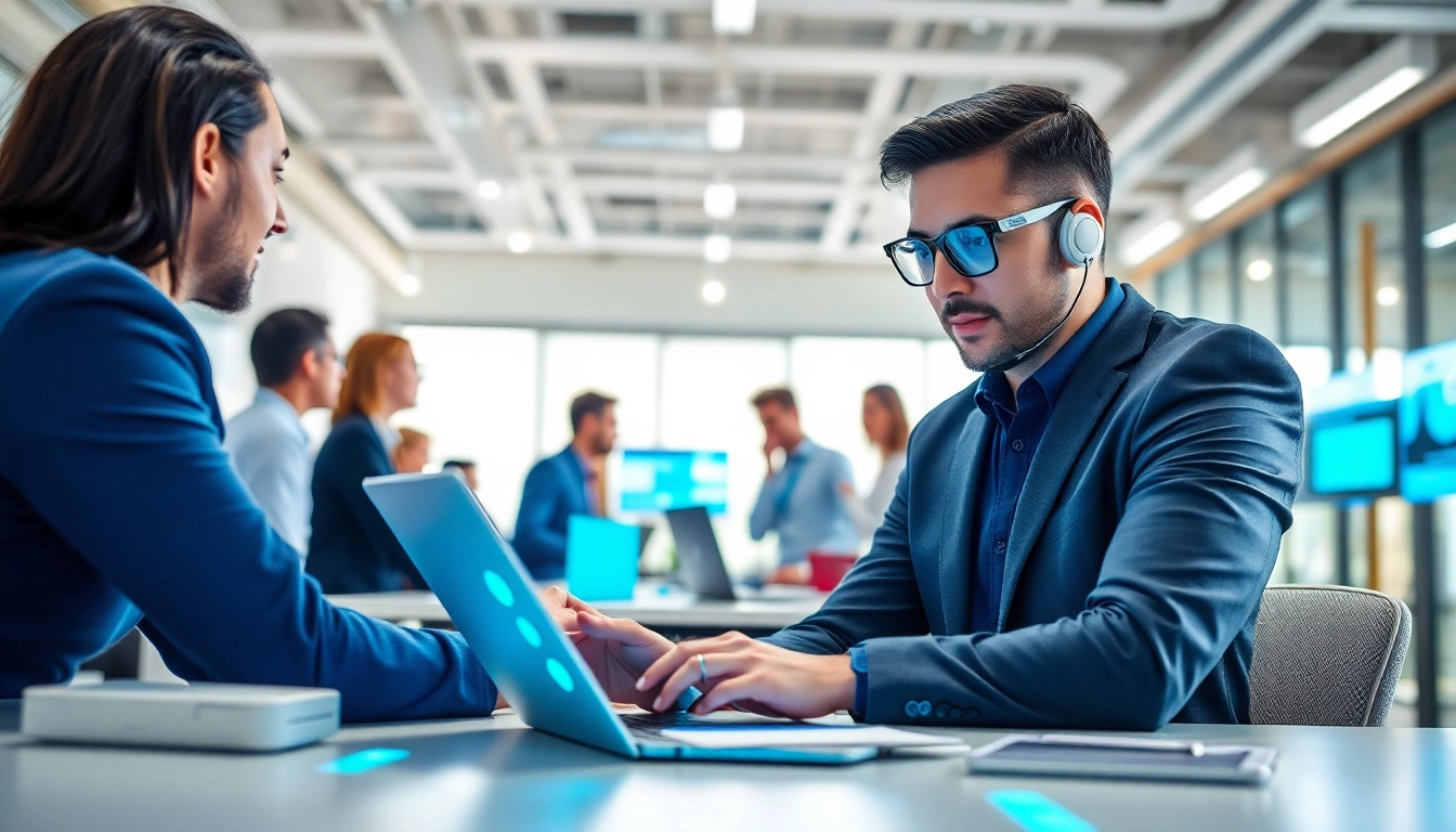 Streamlined enterprise assistant helping a diverse team in a modern office environment.