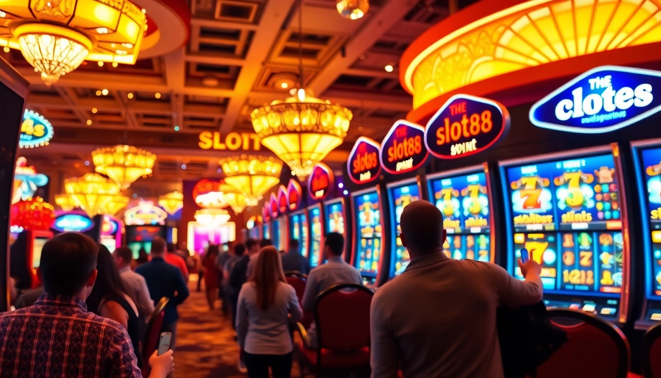Pemain menikmati pengalaman slot88 di mesin slot berwarna-warni penuh dengan cahaya dan suasana meriah.