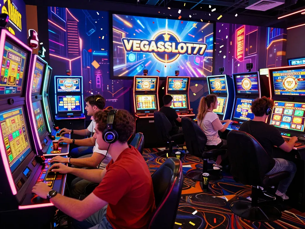 Exciting celebration at VEGASSLOT77 with friends around slot machines, confetti falling.