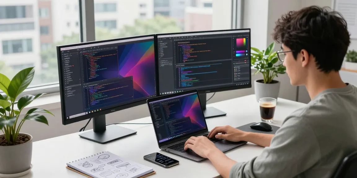 Efficient software development workspace showcasing 截图软件下载 tools and vibrant coding interfaces amidst a modern urban backdrop.