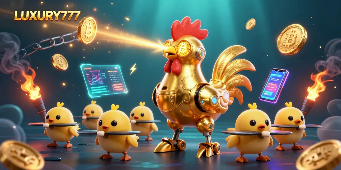 Menggali peluang dengan LUXURY777, robot ayam emas futuristik menembakkan laser sambil dikelilingi koin crypto.