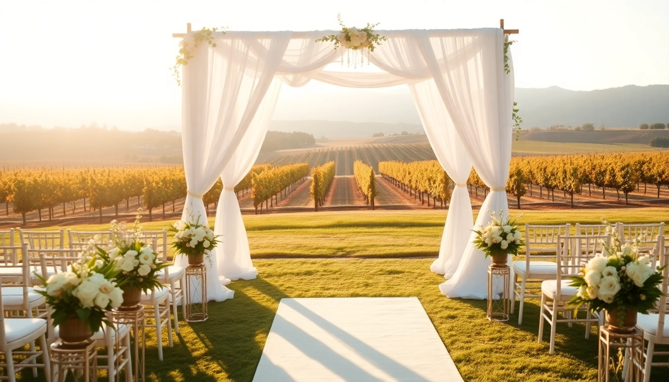 Cascading white drapes at a stunning wedding venue California, surrounded by lush greenery and floral arrangements.