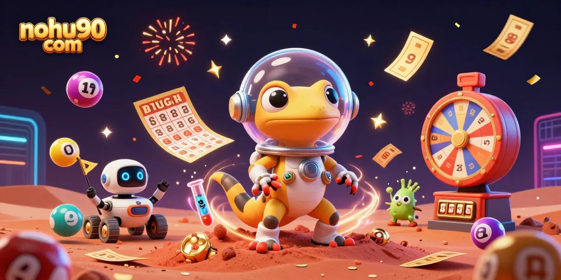 Experience excitement at nohu90 com with a dynamic 3D illustration of a Martian and casino treasures.