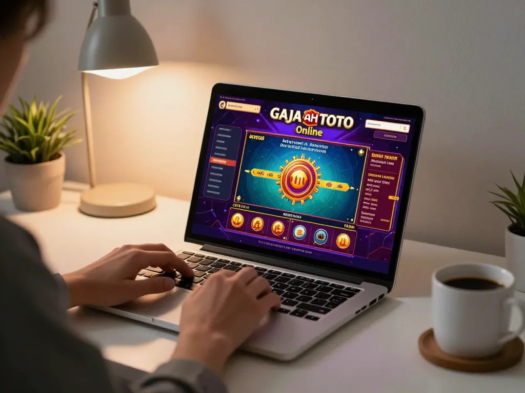 Person engaging with gajah toto online casino game on a laptop in a cozy home setup.