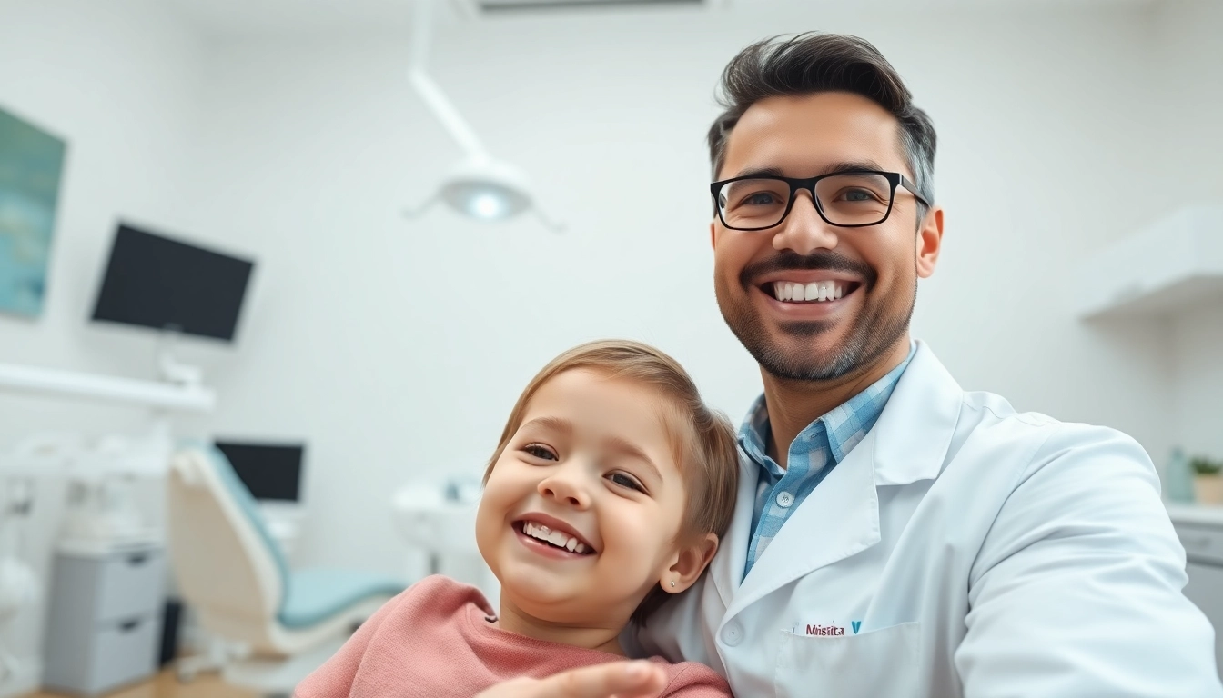 Dentist in Manhattan IL providing care to a young patient in a modern office setting.