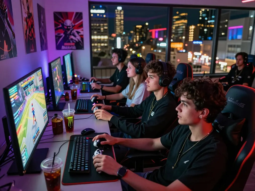 Friends engaged in intense gaming session showcasing go88 entertainment in a vibrant urban room.