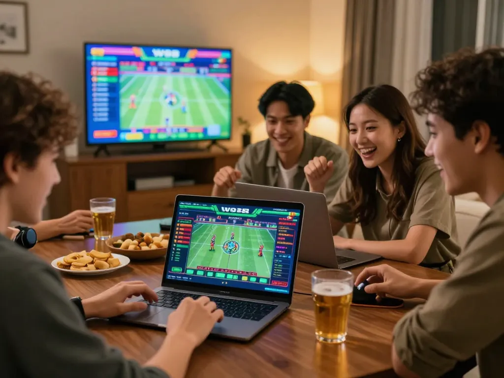 Friends enjoying online betting on Link W88 with vibrant screens and drinks.