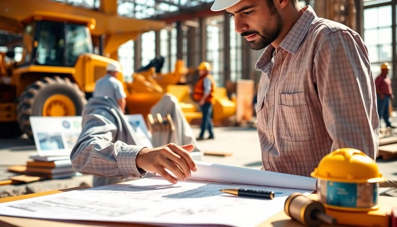 New Jersey Construction Manager reviewing blueprints at a bustling construction site.