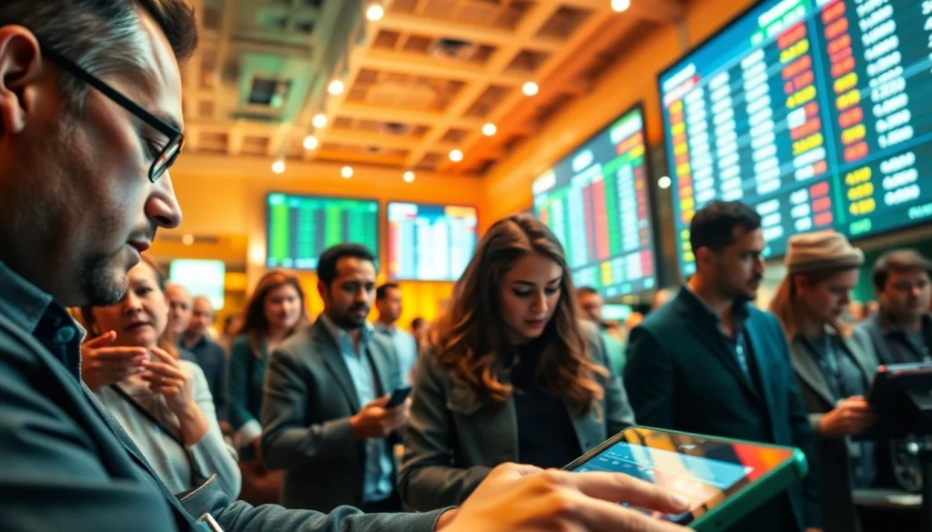 Engaged bettors analyzing MM88 odds in a lively sports betting environment.