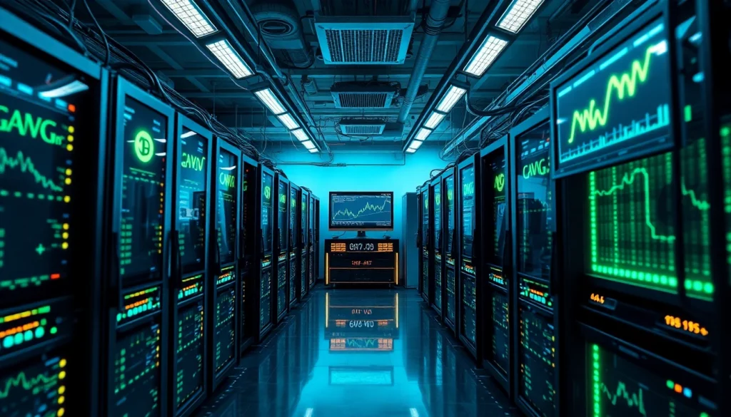 Crypto mining setup with advanced rigs and glowing screens in a high-tech environment.