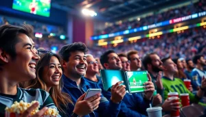 스포츠중계에 열광하는 팬들의 모습과 다양한 장비를 활용하는 장면