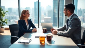 Job seekers discussing new hire jobs in a modern office environment.