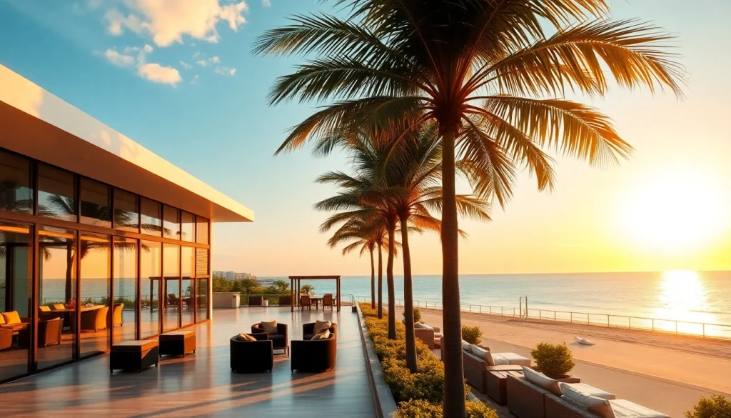 Showcase a luxurious property pattaya with modern design against a vibrant sunset.