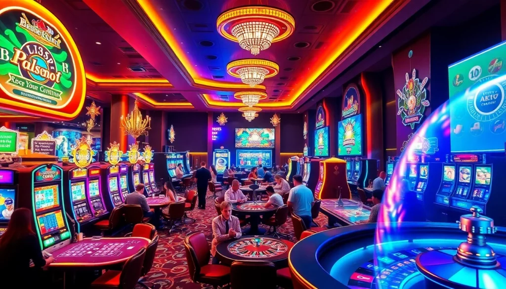Experience the vibrant gambling world of KJC AC 1 with players enjoying casino tables and slot machines.