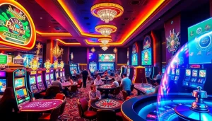 Experience the vibrant gambling world of KJC AC 1 with players enjoying casino tables and slot machines.