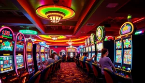 Mesin slot yang berwarna-warni berfungsi dengan lampu neon cerah di kasino yang ramai.