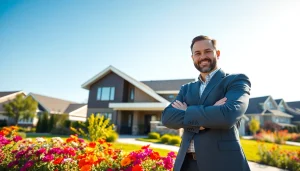 Showcase a modern real estate property highlighting inviting features in a sunny neighborhood.