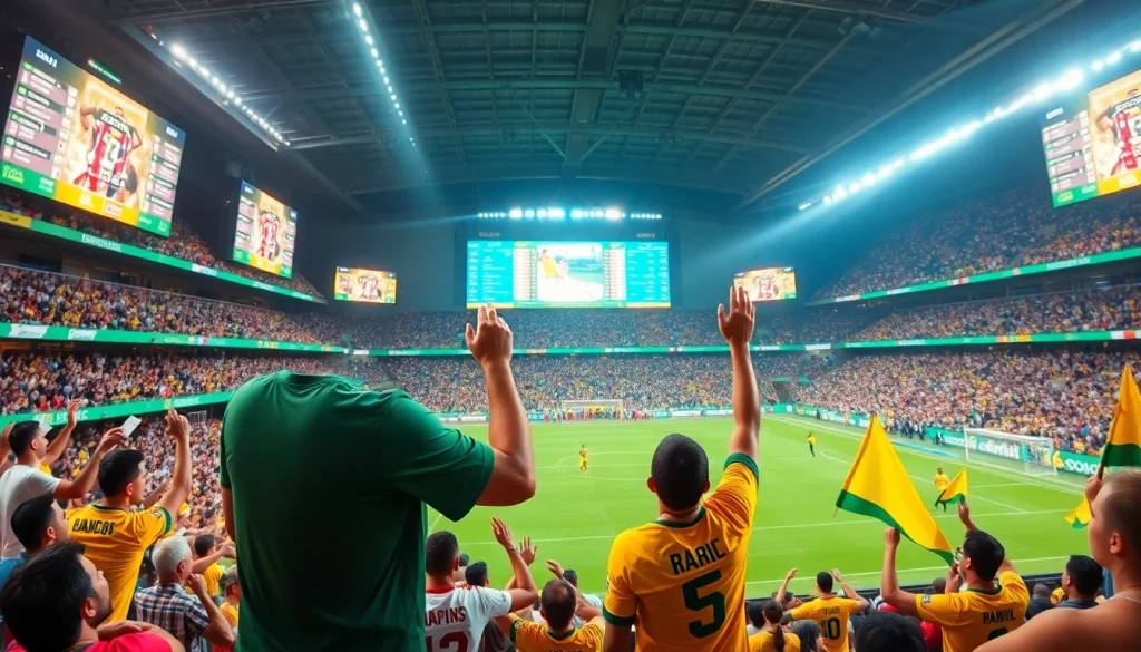Engaging sports betting in Brazil scene showcasing crowds, digital screens, and vibrant atmosphere.