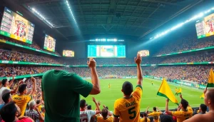 Engaging sports betting in Brazil scene showcasing crowds, digital screens, and vibrant atmosphere.