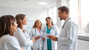 Engaging healthcare workers collaborating on health management strategies in a clinic.