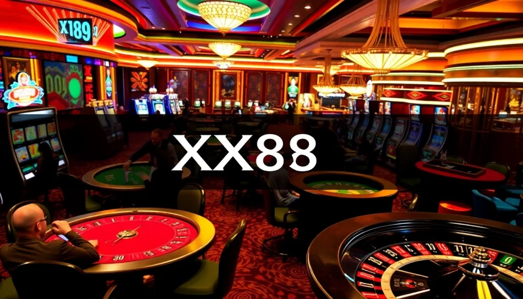 Experience excitement at the XX88 casino with engaged players at poker tables and bright slot machines.