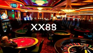 Experience excitement at the XX88 casino with engaged players at poker tables and bright slot machines.
