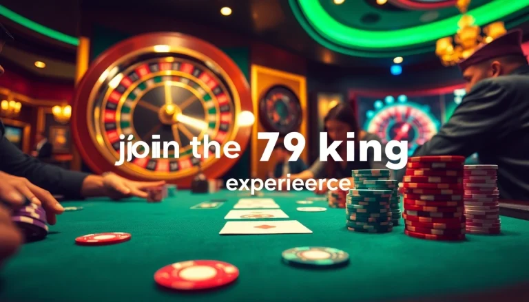79king poker table action with players and chips in vibrant casino.