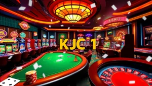A lively casino scene showcasing poker tables, slot machines, and roulette wheels, emphasizing the excitement of KJC AC 1.