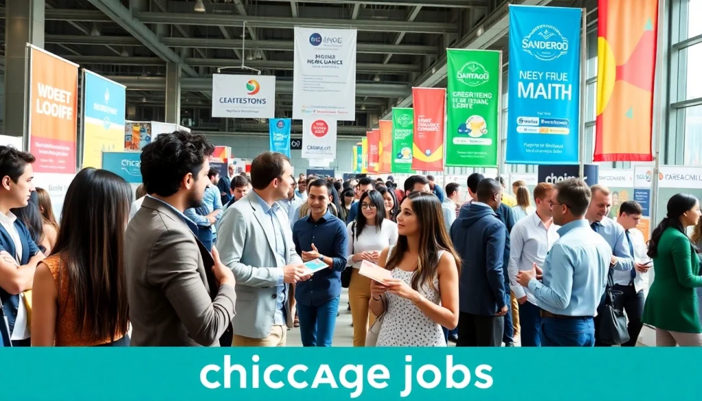 Connecting at a job fair focused on Chicago jobs, diverse seekers networking and exploring opportunities.