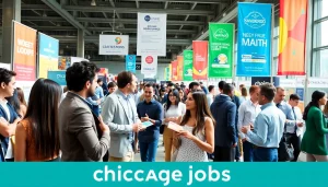 Connecting at a job fair focused on Chicago jobs, diverse seekers networking and exploring opportunities.