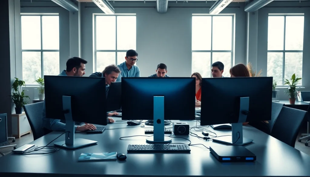 Engaging technology collaboration scene showcasing diverse teamwork in a modern office.