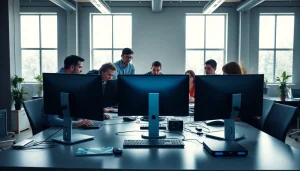 Engaging technology collaboration scene showcasing diverse teamwork in a modern office.