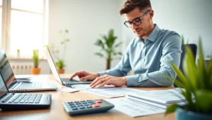 Illustration of small business accounting and bookkeeping in a bright, organized workspace highlighting financial tools.