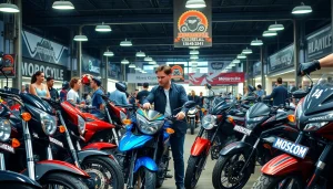 Motorrad verkaufen in einem lebhaften Marktplatz mit einer Vielzahl ausgestellter Motorräder.