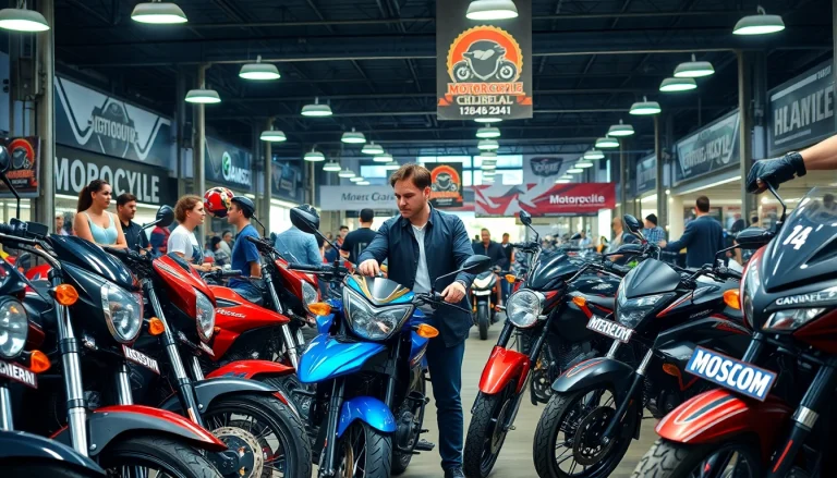 Motorrad verkaufen in einem lebhaften Marktplatz mit einer Vielzahl ausgestellter Motorräder.