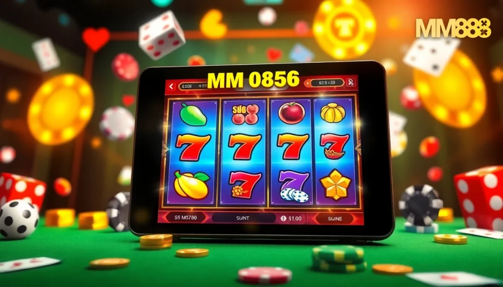 Experience the excitement of MM88 Vegas with a vivid online gaming interface illustration showcasing vibrant slot machines.