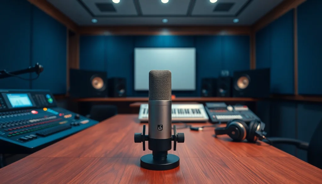 MV 88 microphone on a stylish studio desk surrounded by audio equipment, showcasing professional sound recording.