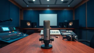 MV 88 microphone on a stylish studio desk surrounded by audio equipment, showcasing professional sound recording.