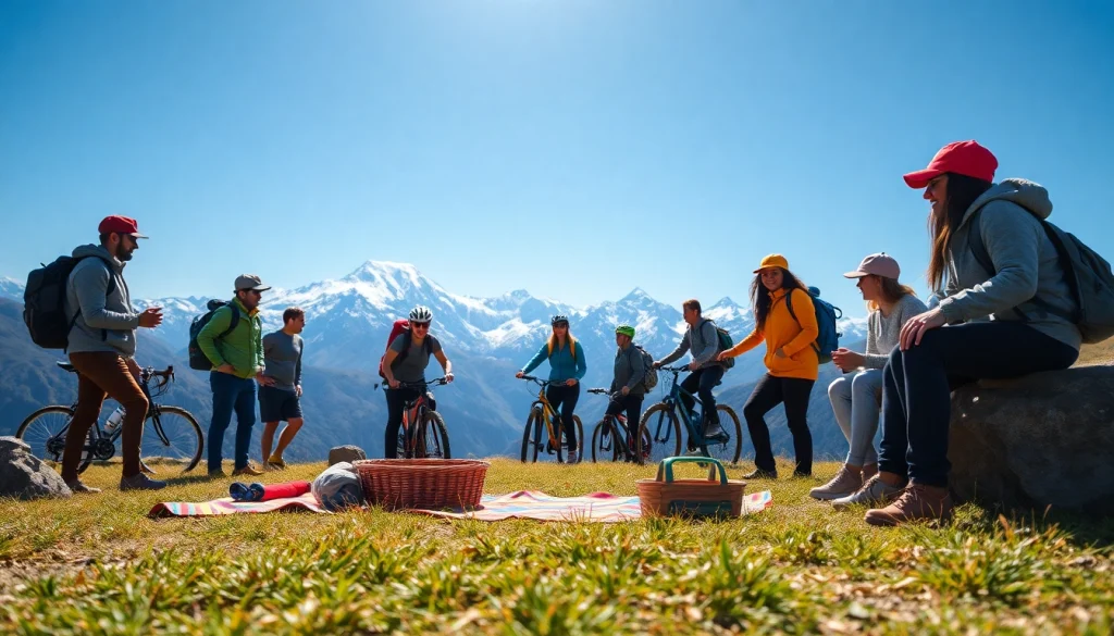 Menampilkan suletoto alternatif dengan kelompok petualang menikmati aktivitas luar ruang di pegunungan.