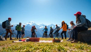 Menampilkan suletoto alternatif dengan kelompok petualang menikmati aktivitas luar ruang di pegunungan.